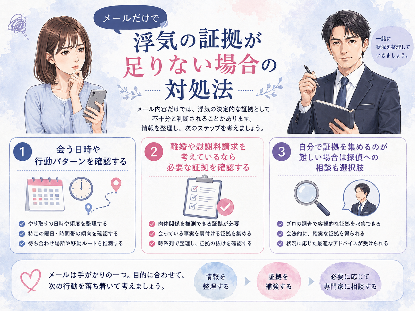 メールだけで浮気の証拠が足りない場合の対処法