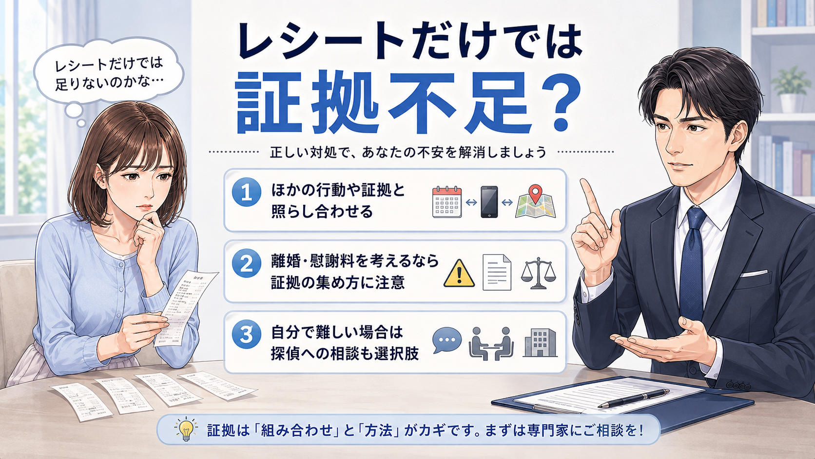 レシートだけで浮気の証拠が足りない場合の対処法