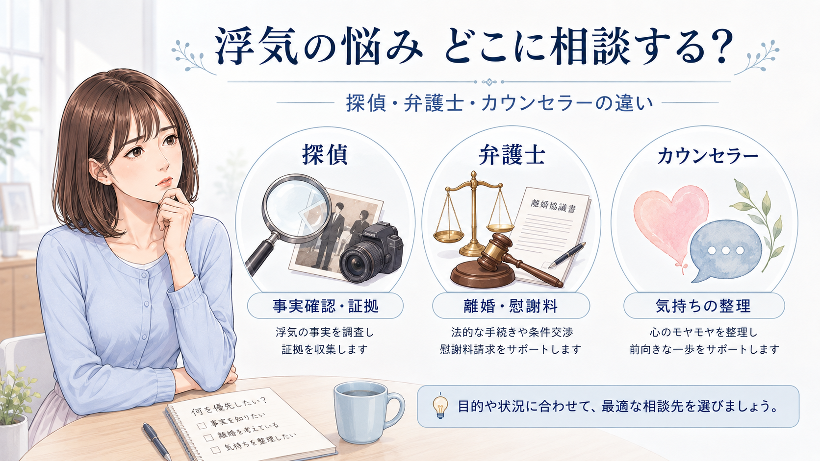 浮気の悩みはどこに相談する?探偵・弁護士などの違い